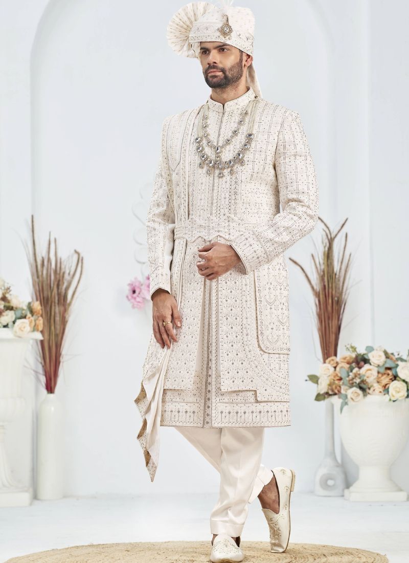 Cream Art Silk Embroidery Mens Wedding Sherwani