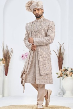 Rose Gold Art Silk Embroidery Mens Wedding Sherwani
