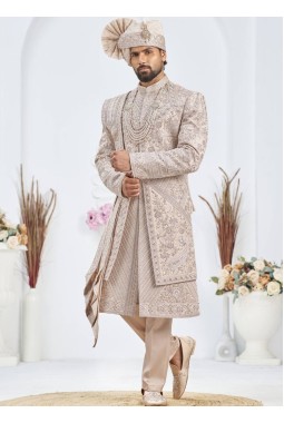 Rose Gold Art Silk Embroidery Mens Wedding Sherwani