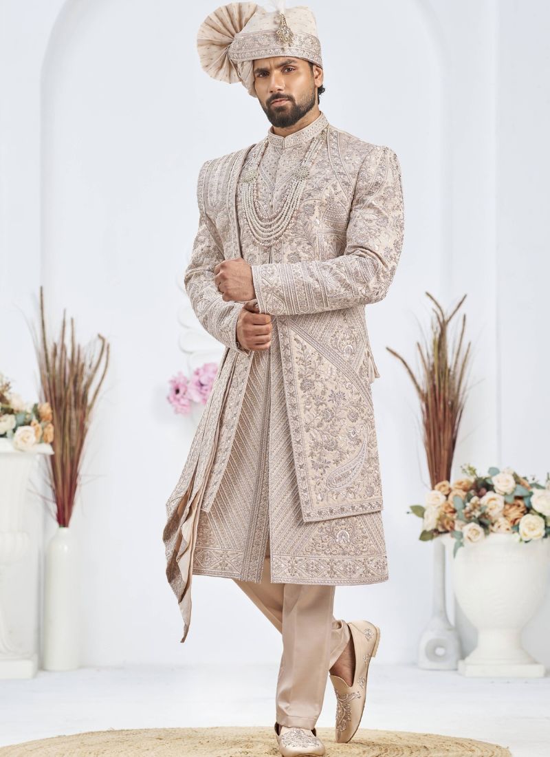 Rose Gold Art Silk Embroidery Mens Wedding Sherwani