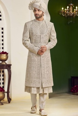 Cream Art Silk Embroidery Mens Wedding Sherwani
