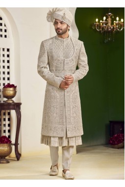Cream Art Silk Embroidery Mens Wedding Sherwani