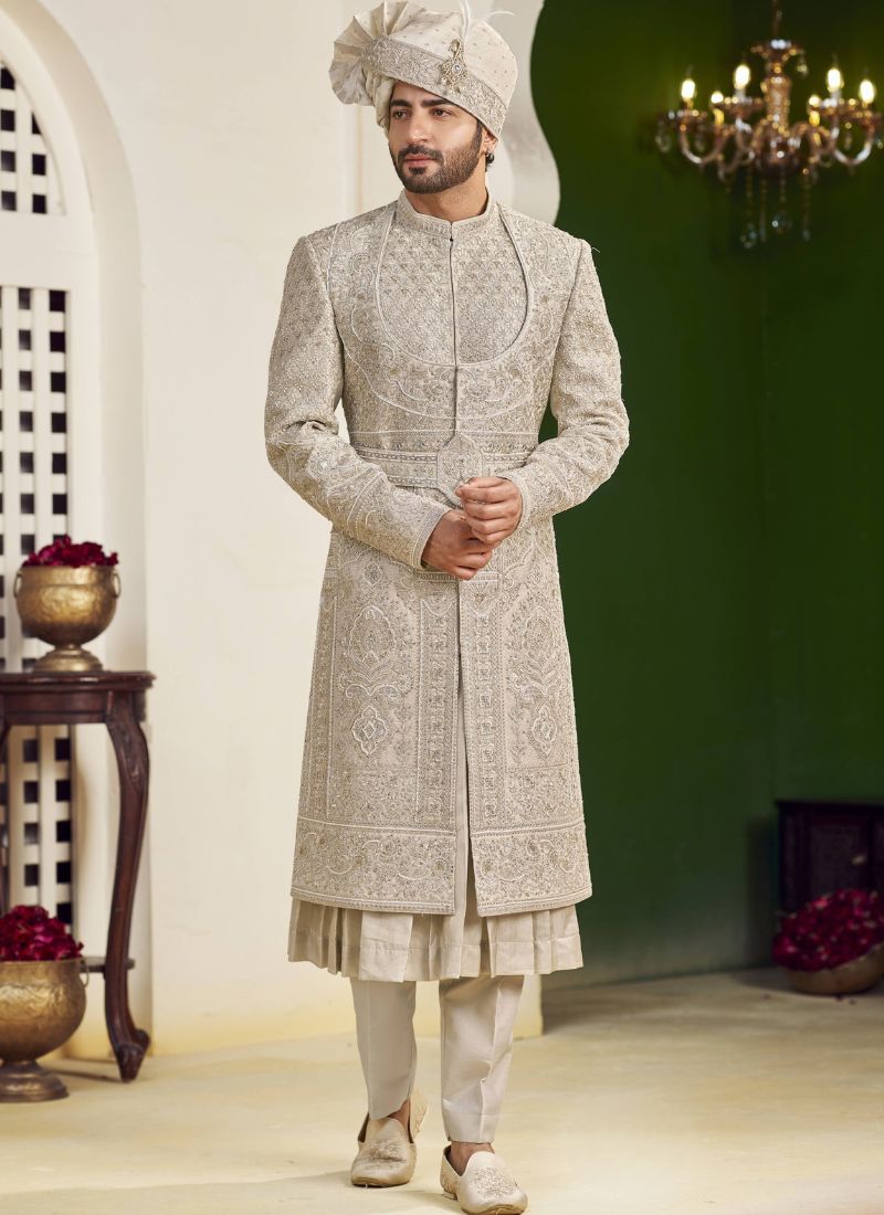 Cream Art Silk Embroidery Mens Wedding Sherwani