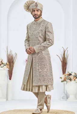 Pista Art Silk Embroidery Mens Wedding Sherwani