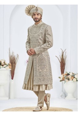 Pista Art Silk Embroidery Mens Wedding Sherwani