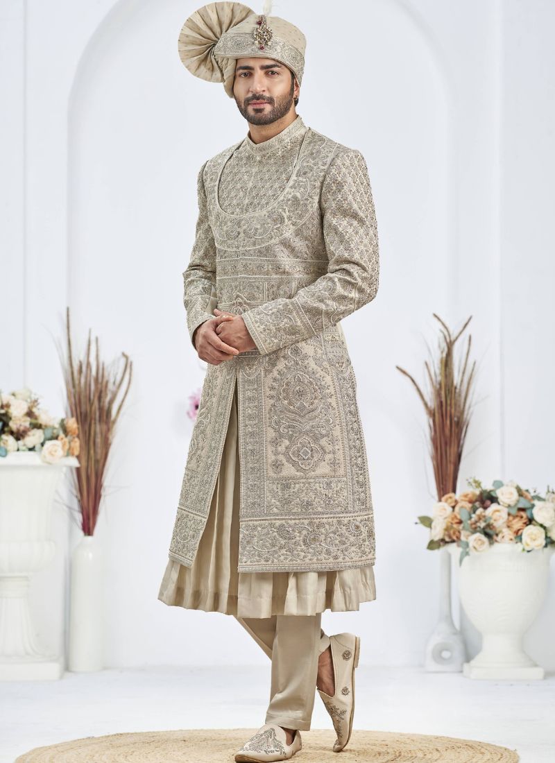 Pista Art Silk Embroidery Mens Wedding Sherwani