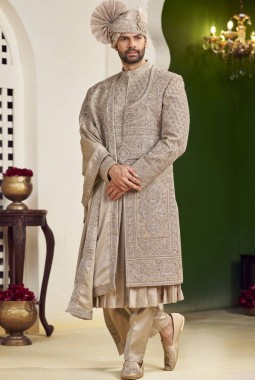 Rust Art Silk Embroidery Mens Wedding Sherwani 