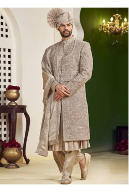 Rust Art Silk Embroidery Mens Wedding Sherwani 