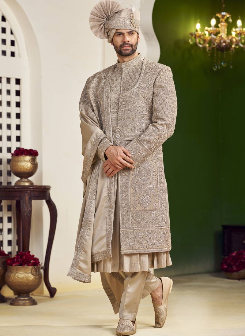 Rust Art Silk Embroidery Mens Wedding Sherwani 