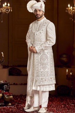 Cream Art Silk Embroidery Mens Wedding Sherwani
