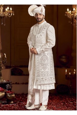 Cream Art Silk Embroidery Mens Wedding Sherwani