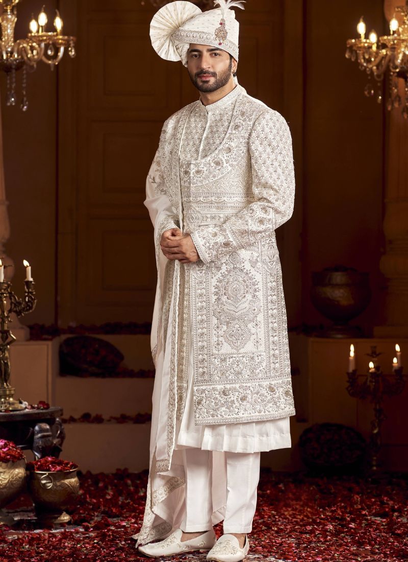 Cream Art Silk Embroidery Mens Wedding Sherwani