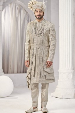 Cream Art Silk Embroidery Mens Wedding Sherwani
