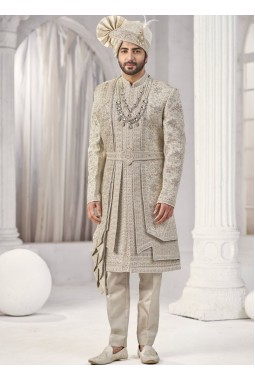Cream Art Silk Embroidery Mens Wedding Sherwani