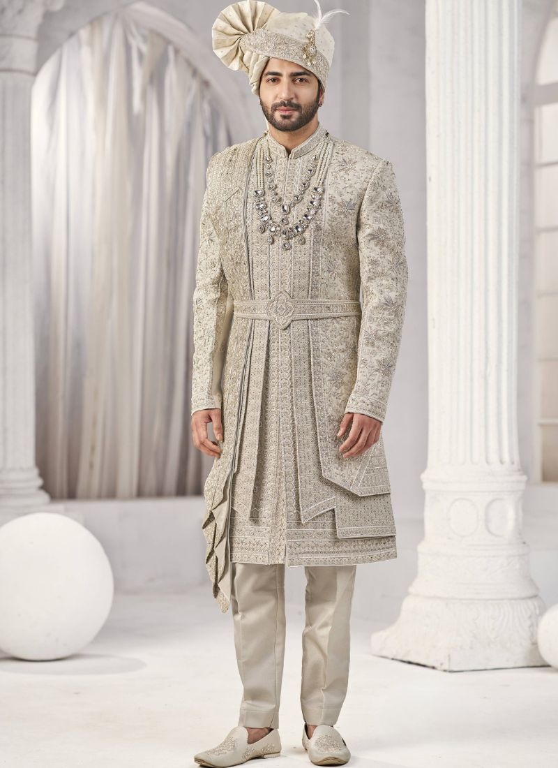 Cream Art Silk Embroidery Mens Wedding Sherwani