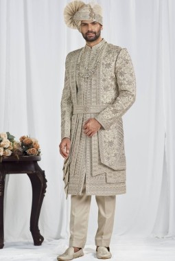 Pista Art Silk Embroidery Mens Wedding Sherwani