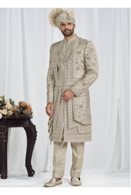 Pista Art Silk Embroidery Mens Wedding Sherwani