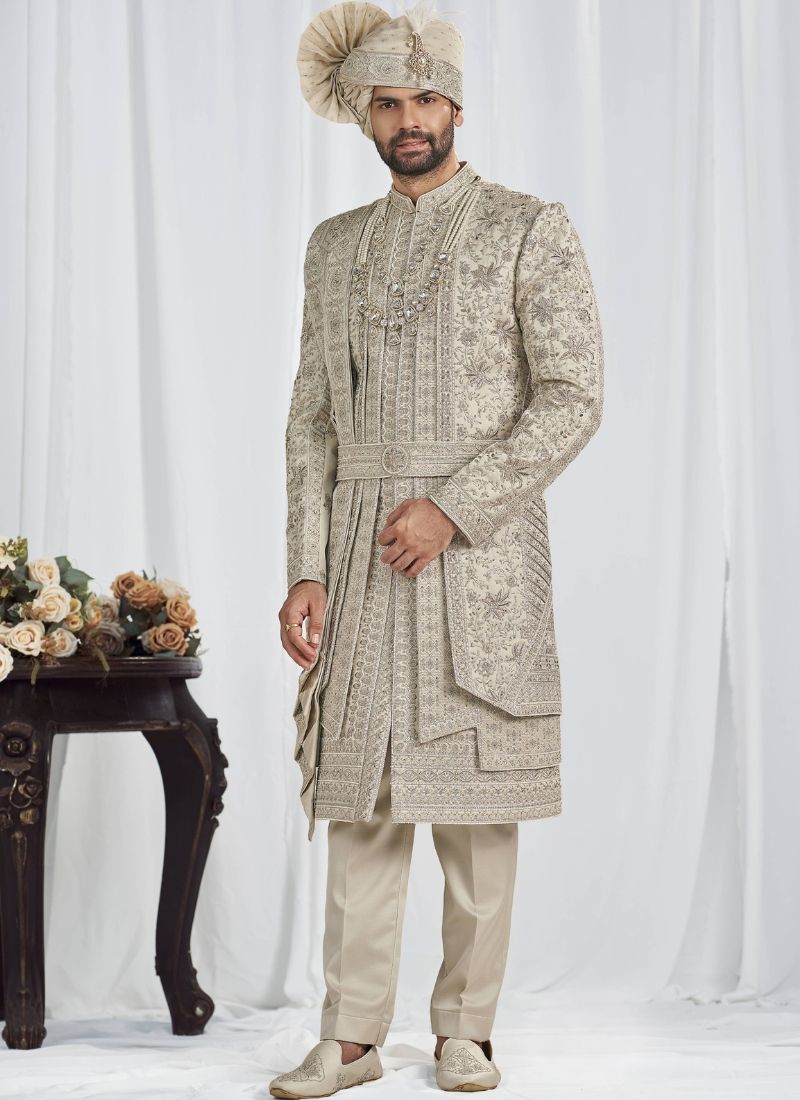 Pista Art Silk Embroidery Mens Wedding Sherwani