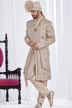 Rose Gold Art Silk Embroidery Mens Wedding Sherwani