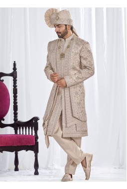 Rose Gold Art Silk Embroidery Mens Wedding Sherwani