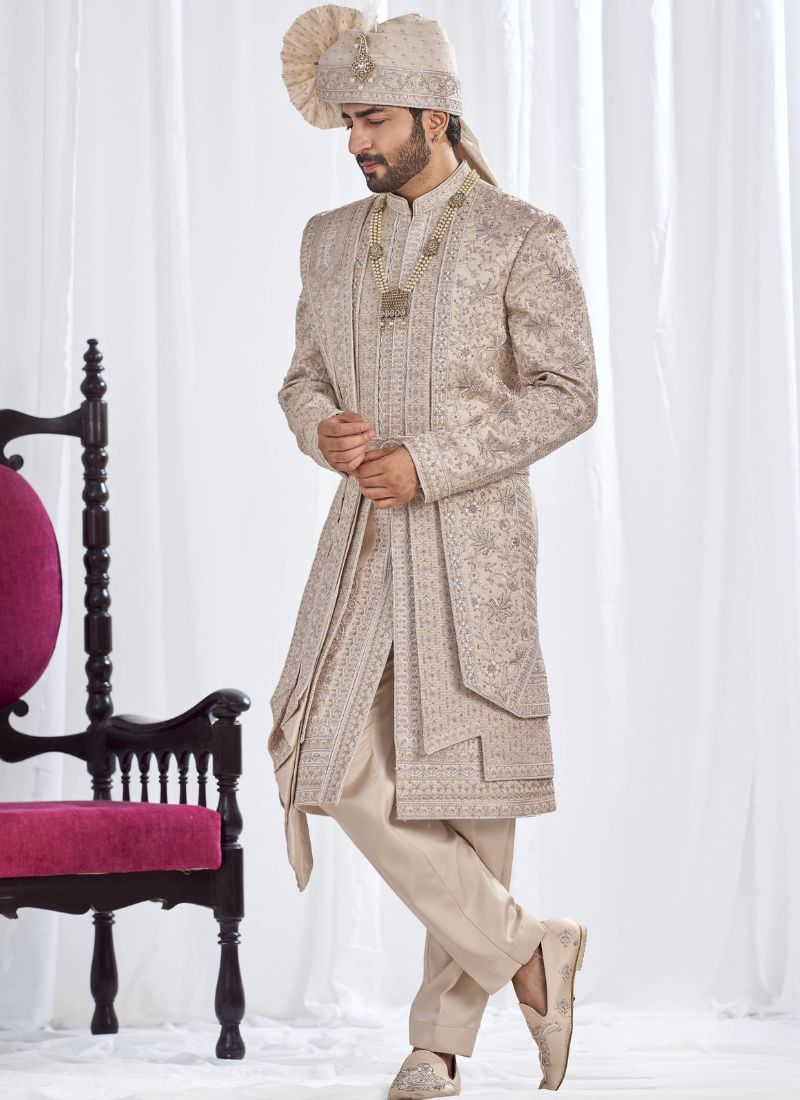 Rose Gold Art Silk Embroidery Mens Wedding Sherwani
