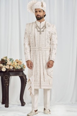 Cream Art Silk Embroidery Mens Wedding Sherwani