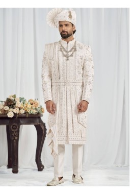 Cream Art Silk Embroidery Mens Wedding Sherwani