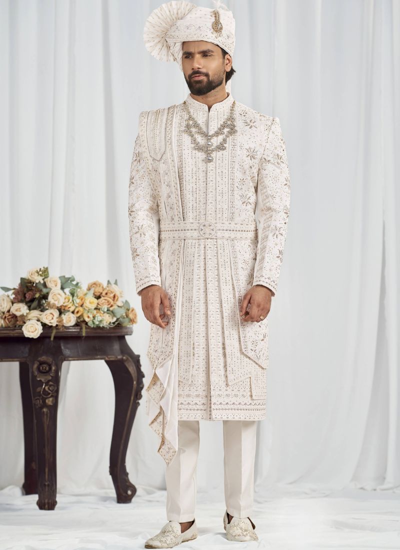 Cream Art Silk Embroidery Mens Wedding Sherwani