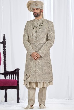 Pista Art Silk Embroidery Mens Wedding Sherwani