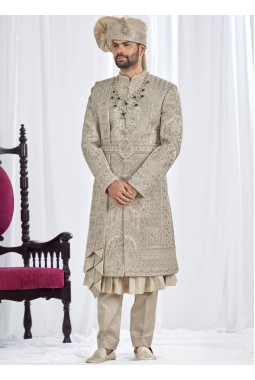 Pista Art Silk Embroidery Mens Wedding Sherwani