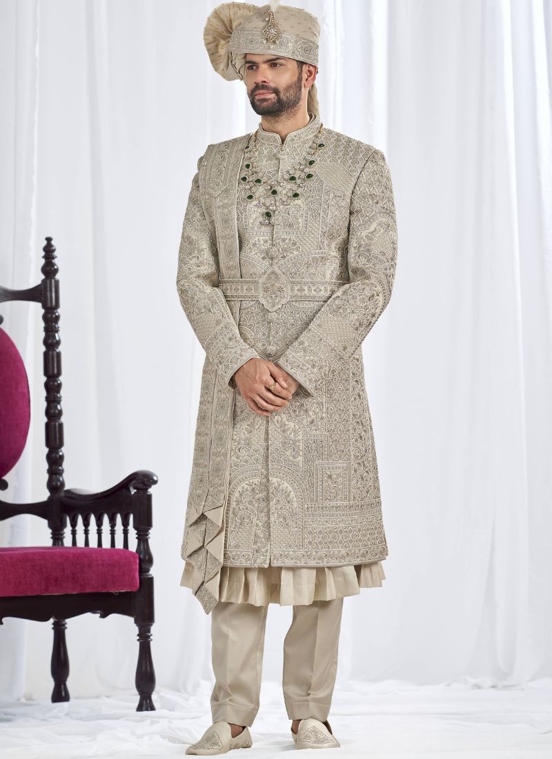 Pista Art Silk Embroidery Mens Wedding Sherwani