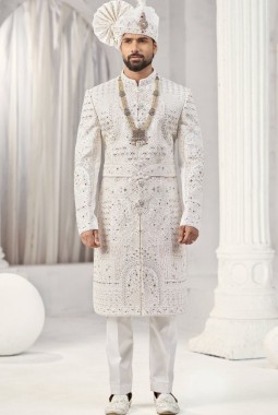 Cream Art Silk Embroidery Mens Wedding Sherwani