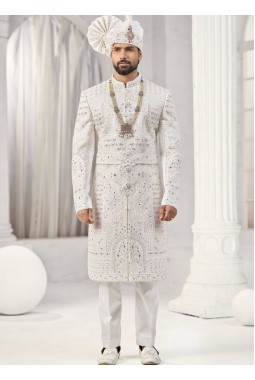 Cream Art Silk Embroidery Mens Wedding Sherwani