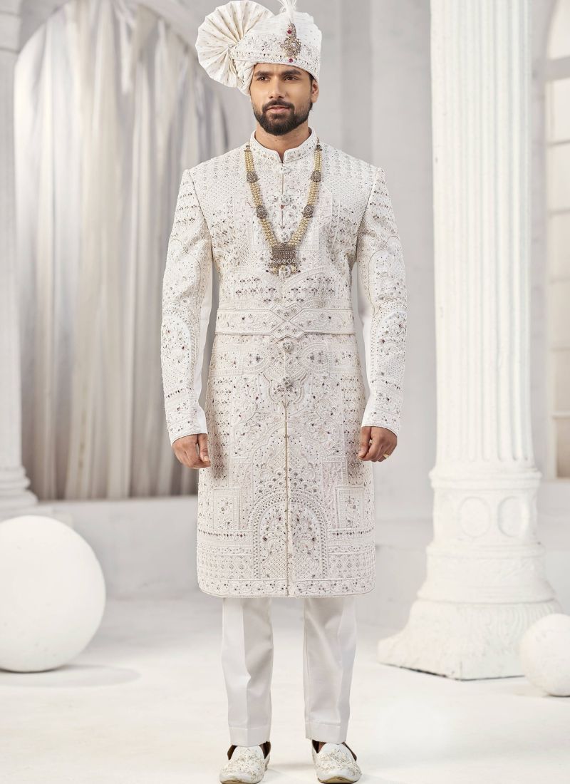 Cream Art Silk Embroidery Mens Wedding Sherwani