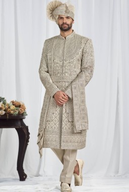 Pista Art Silk Embroidery Mens Wedding Sherwani