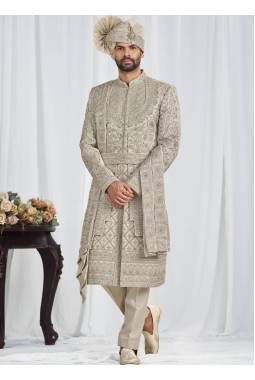 Pista Art Silk Embroidery Mens Wedding Sherwani