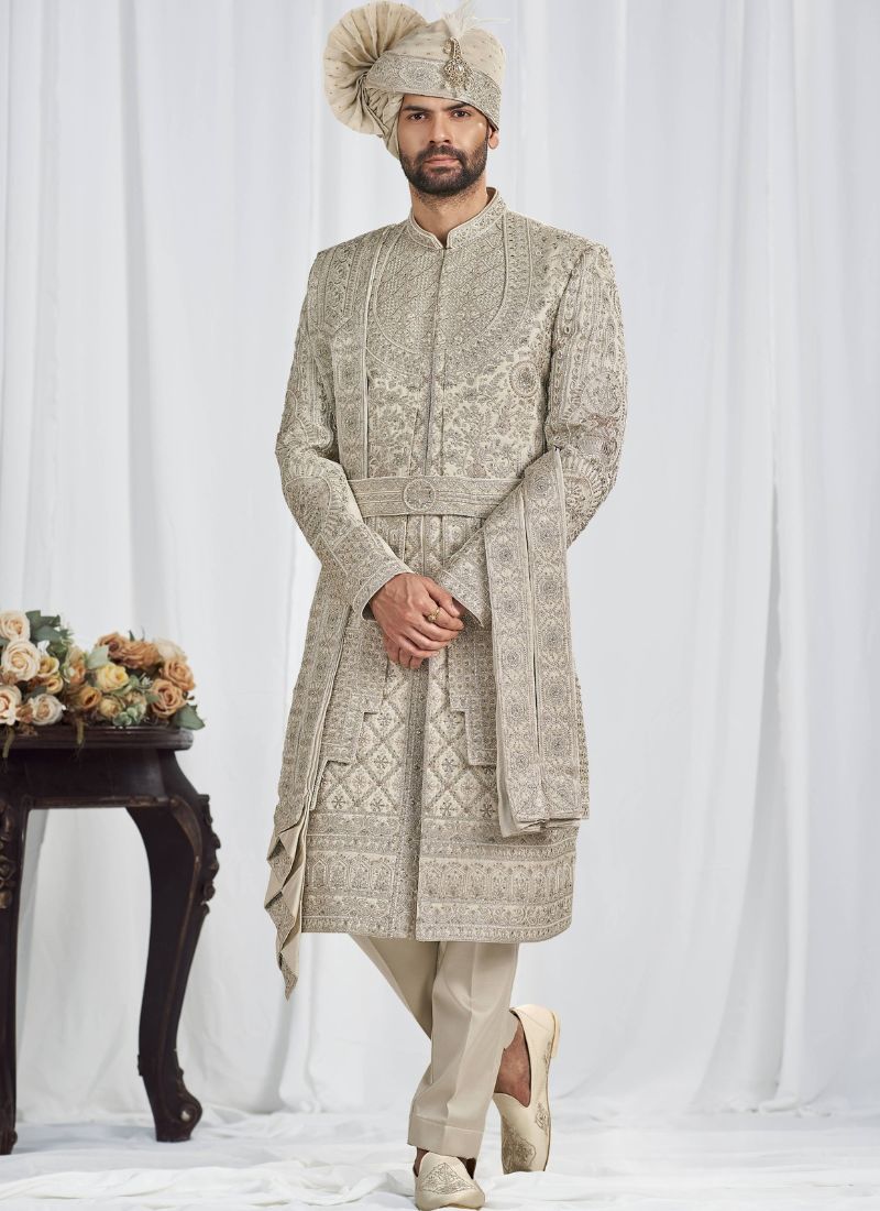 Pista Art Silk Embroidery Mens Wedding Sherwani
