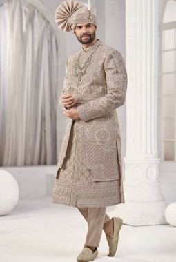Rust Art Silk Embroidery Mens Wedding Sherwani 