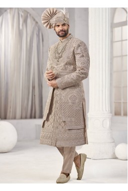 Rust Art Silk Embroidery Mens Wedding Sherwani 