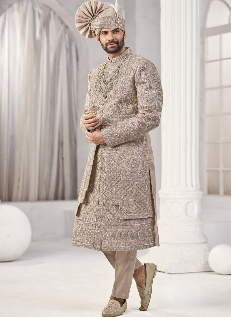 Rust Art Silk Embroidery Mens Wedding Sherwani 