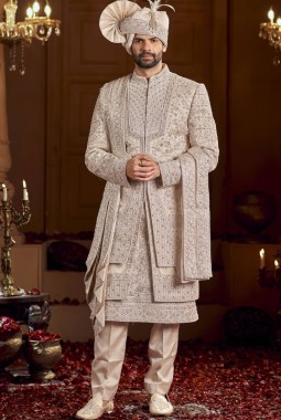 Rose Gold Art Silk Embroidery Mens Wedding Sherwani