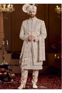 Rose Gold Art Silk Embroidery Mens Wedding Sherwani