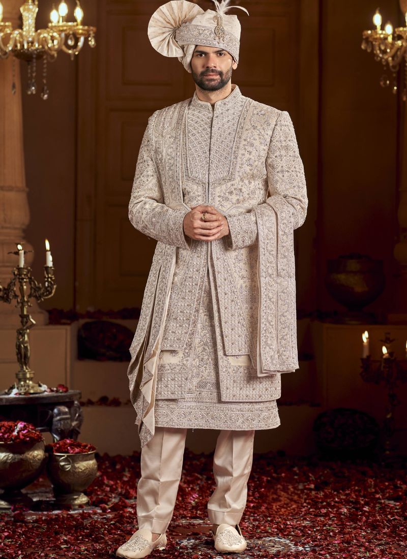 Rose Gold Art Silk Embroidery Mens Wedding Sherwani