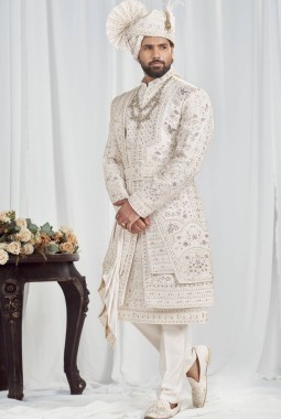 Cream Art Silk Embroidery Mens Wedding Sherwani