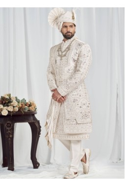 Cream Art Silk Embroidery Mens Wedding Sherwani
