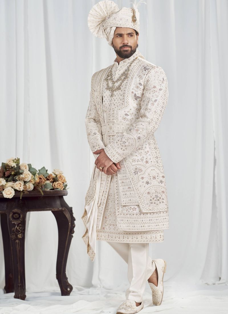 Cream Art Silk Embroidery Mens Wedding Sherwani