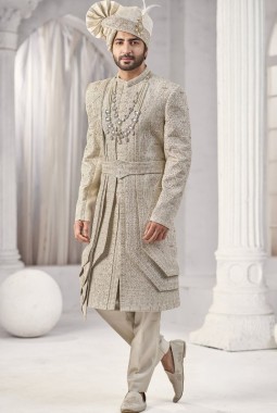 Cream Art Silk Embroidery Mens Wedding Sherwani