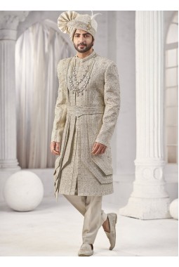 Cream Art Silk Embroidery Mens Wedding Sherwani