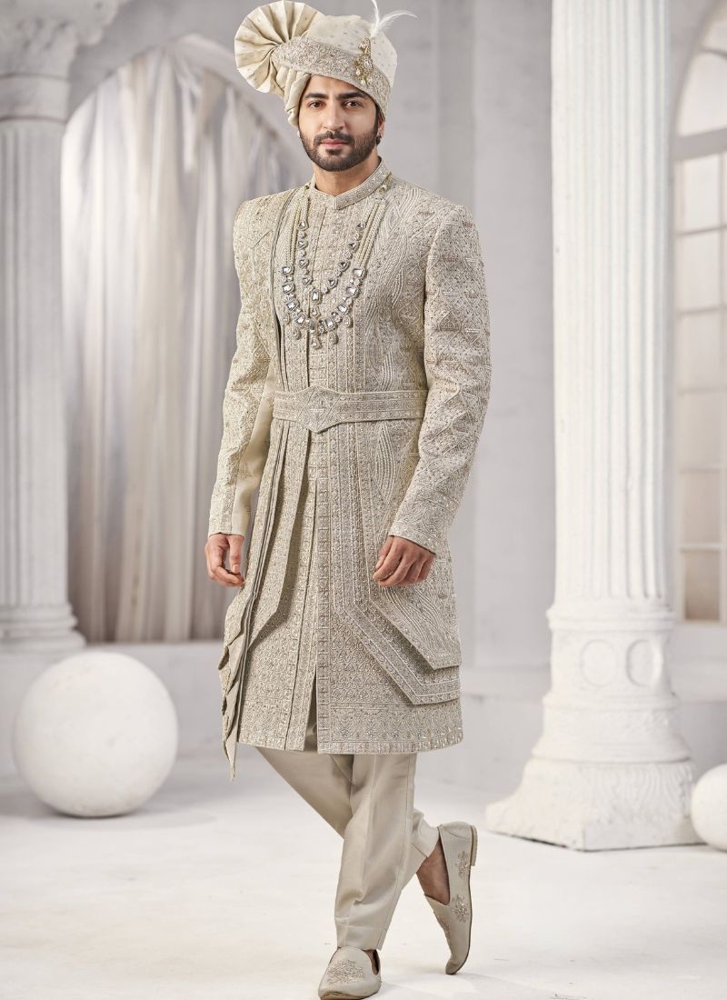 Cream Art Silk Embroidery Mens Wedding Sherwani