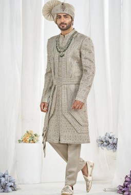 Pista Art Silk Embroidery Mens Wedding Sherwani